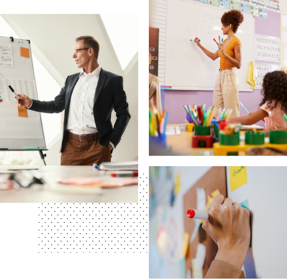 Three images of a Man then a woman pointing at whiteboard with a marker pen