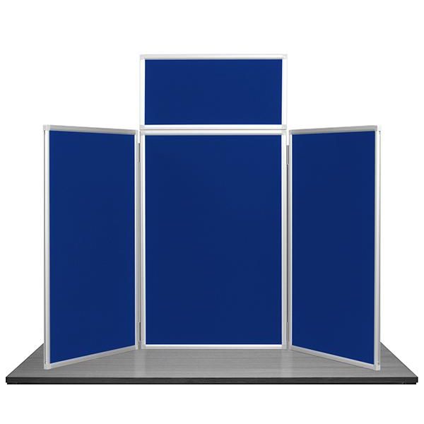 blue 3 panel maxi desk top display stand with white frames