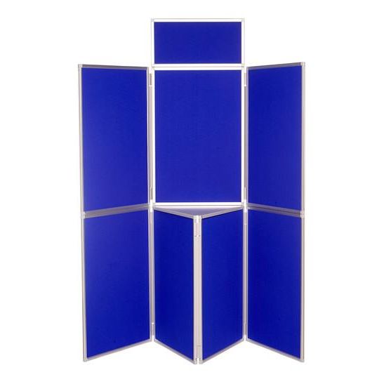 blue 7 panel folding display stand with white frames