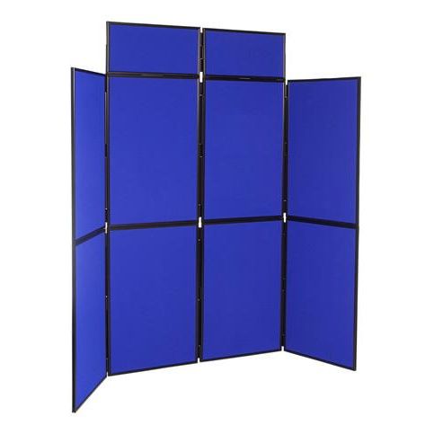 blue 8 panel folding display stand with black frames