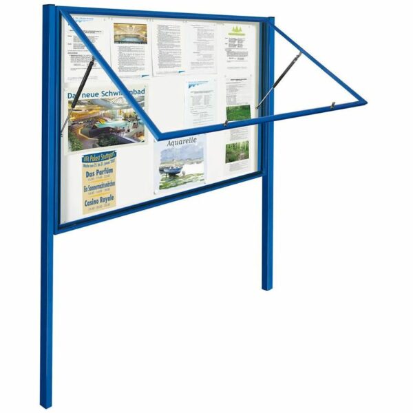 Blue swinging weatherproof classic noticeboard for external use