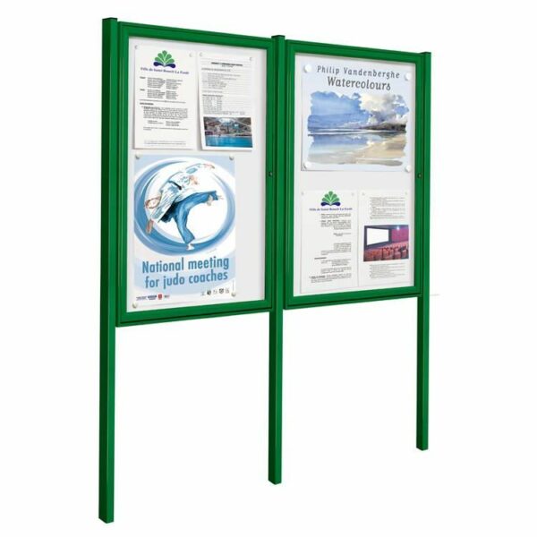 A weather proof, green outdoor notice board